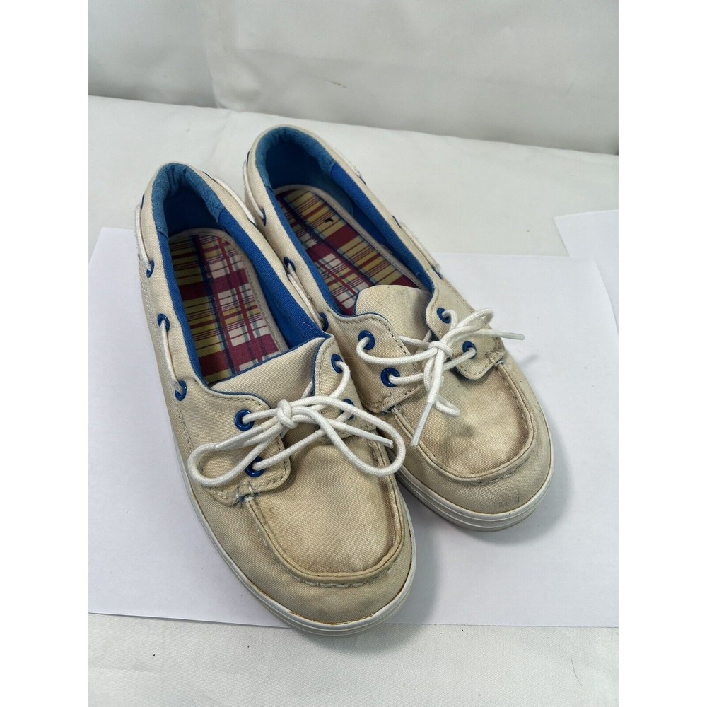 L.L.Bean Boat Shoes Womens Size 6M Cream Blue Canvas Flats Lace Up Outdoor